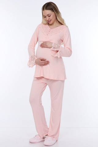 Luvmabelly Myra9512 - Dantelli Düğmeli Flaplı Hamile Pijama Takımı - Pembe-pembe