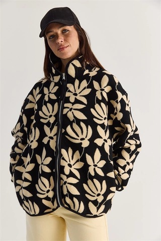 Mevese Desenli Dik Yaka Cepli Biyeli Kadın Polar Sweatshirt- Siyah-krem