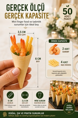 50'li Pkt Mini Bambu Sunum Korneti 6x3,5 Cm Doğal Sunum Külahı Kokteyl Catering Finger Food Sunumluk