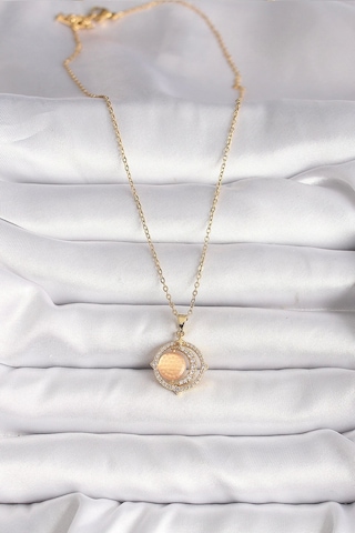 316l Çelik Gold Renk Zirkon Taşlı Turuncu Sedefli Hilal Model Kadın Kolye Çok Renkli