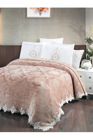 The Home Collection Bej Larissa Fransız Güpürlü Battaniye Seti