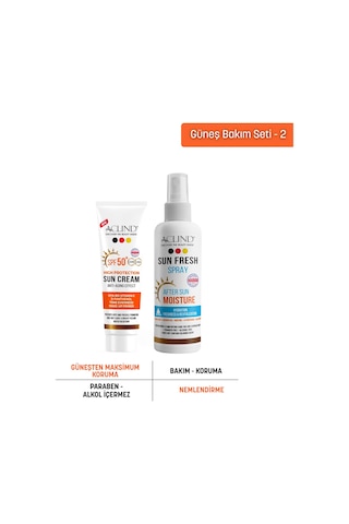 Aclind Leke Karşıtı Spf 50+ Güneş Kremi 50 Ml + Sun Fresh Güneş Sonrası Ferahlatıcı Sprey 100 Ml Set