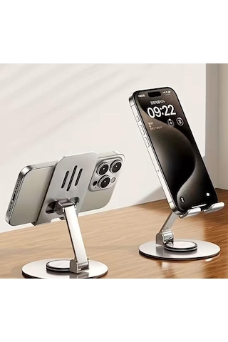 Dönebilen, Katlanabilir Ve Ayarlanabilir Masaüstü Telefon Tutucu Tamamen Metal Katlanabilir Tutucu Koyu Gri