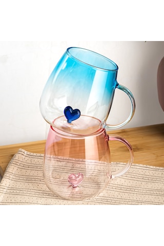 Porsima Pbt-707 Dream Love Hearts - 400ml Romantik Kalp Tasarımlı 2'li Renkli Borosilikat Cam Kupa Seti Şeffaf
