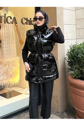 Hb Harma Time Butik Kadın Fermuarlı Çıt Çıtlı Cepli Siyah Parlak Şişme Yelek