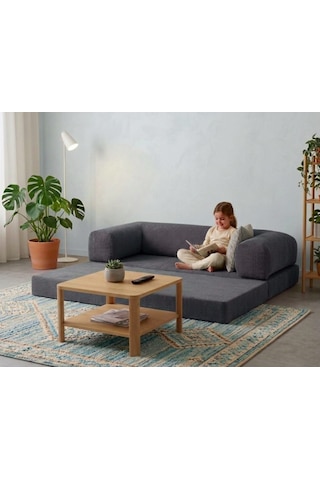Herev 200x200 Cm 50 Dns Modüler Köşe Koltuk Fitilli Kadife Kumaş, Yatak Olabilen, Modern Tasarım Şark Köşe Füme