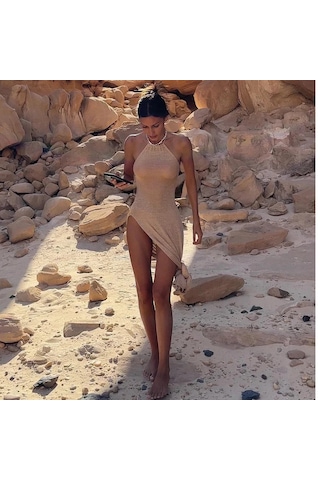 Örme Transparan Maxi Yırtmaçlı Bodycon Zarif Plaj Elbisesi Bej