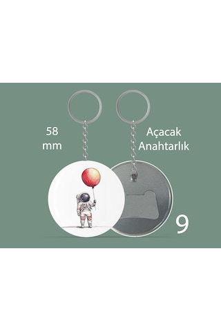 58 Mm Buton Açacaklı Anahtarlık Yuvarlak Baskılı Anahtarlık Balonlu Astronot Çok Renkli