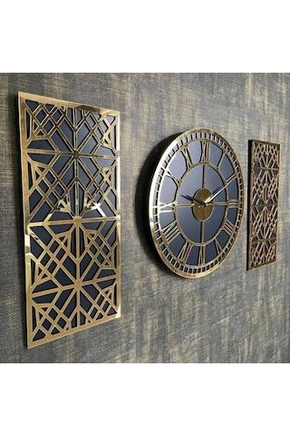Altın Renk Aynalı Pleksi Modern Tasarım Yuvarlak Duvar Saati Tablo 3 Lü Set Sessiz Mekanizma Saat 40x40cm Tablo 50x25 Cm Gold Siyah