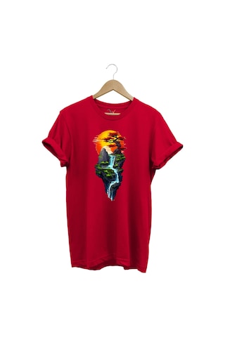 Manzara Ağaç Güneş Dağ Ve Nehir Baskılı %100 Pamuk Regular Fit Bisiklet Yaka Kırmızı T-shirt Kırmızı