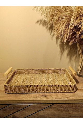 Hasır Rattan Sunum Tepsi Bambu Kulplu Orta Boy Dikdörtgen Diğer