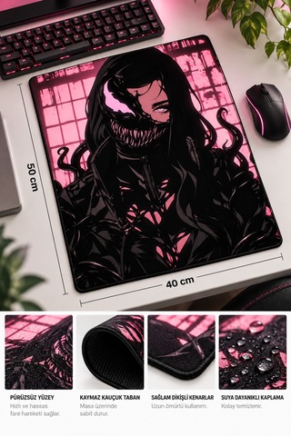 50x40 Cm Venom Girl Desenli Gaming Oyuncu Mouse Pad Kaymaz Taban Büyük Fare Altlığı