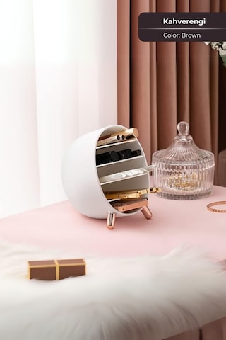 Makeup Organizer, Ruj, Rimel, Oje Düzenleyici, Makyaj Organizeri Mini, 14 X 14 Cm, Kahverengi Çok Renkli