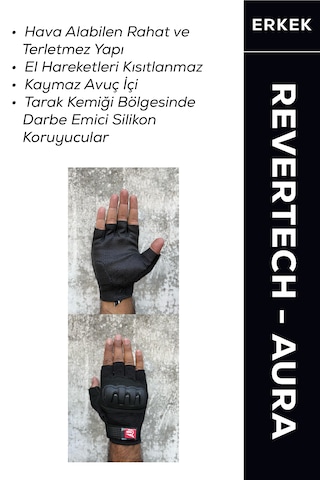 Revertech Aura Siyah / Yarım Parmak - Kaymaz Avuç İçi Özellikli Motosiklet Eldiveni Erkek