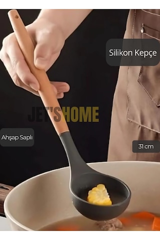 Silikon Kepçe Mutfak Kepçesi Ahşap Saplı 31 Cm