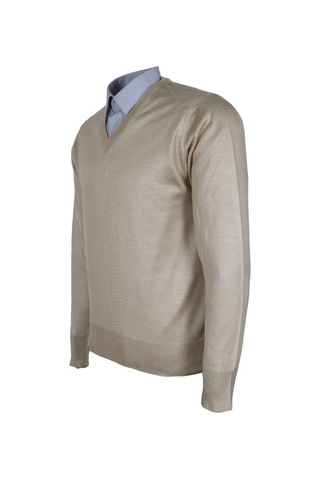 Erkek Yünlü Kazak V Yaka Normal Klasik Kesim Krem Renk Rar00815