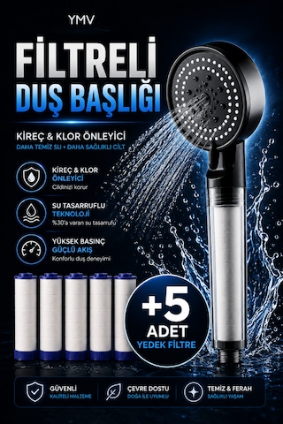 Ymv Filtreli Duş Başlığı Yüksek Basınçlı Banyo Başlığı Kireç Ve Klor Azaltıcı 5 Yedek Filtreli Su Tasarruflu Siyah
