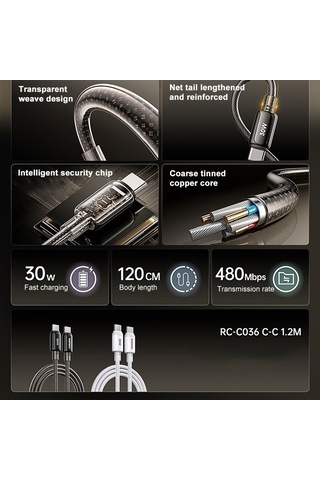 Remax Rc-c036 1.2m 30w Tip-c Tip-c Şeffaf Örgülü Hızlı Şarj Kablosu Beyaz