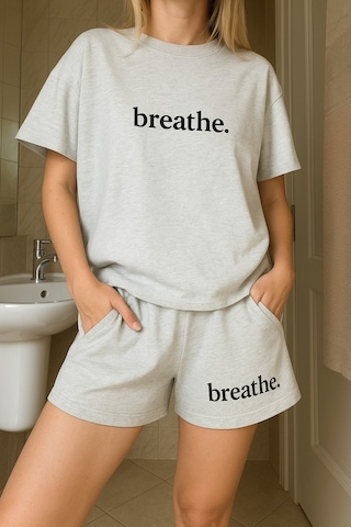 Unisex Breathe Baskılı Bisiklet Yaka Gri T-shirt Gri Şort Gri