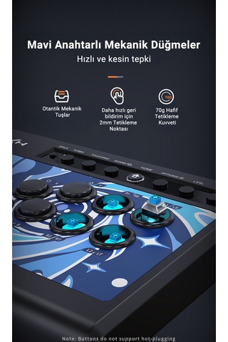 008 Arcade Dövüş Kolu Mavi Switch Mekanik Tuşlar, 50 Milyon Basım, Turbo Fonksiyonu, Klasik Çelik Joystick