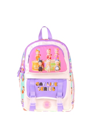 Kaukko Kids Dört Bölmeli Kız Çocuk Cat Life Baskılı Mor - Krem Okul Sırt Çantası - L5313