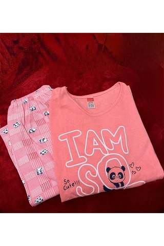 Novavita Yenihayat Yazı Basklı Pamuklu Pembe Resimli Pijama Takımı