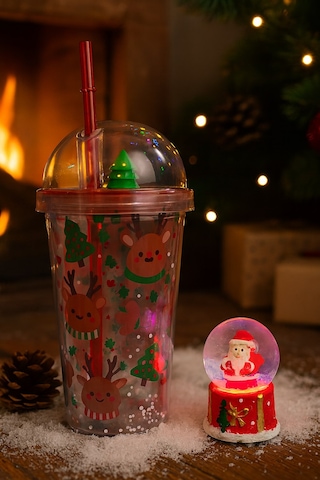 Yeni Yıl 2'li Hediye Seti Noel Geyikli Pipetli Suluk 450 Ml Ve Noel Baba Işıklı Kar Küresi 6.5 Cm Çok Renkli