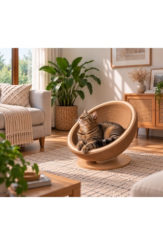 Pureza Oval Tasarımlı Kedi Yatağı Ve Tırmalama Alanı, Ahşap Tabanlı