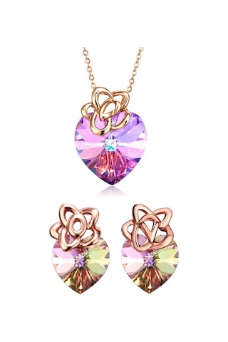 Mor Kristal Taşlı Gümüş Üzeri Altın Kaplama Kalp Kolye Ve Küpe Set N03220 Gümüş - Rodyum