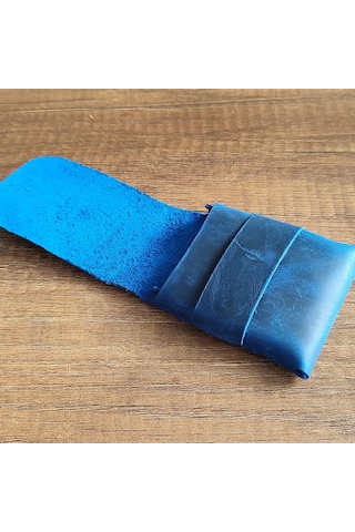 Sumerian Leather Craft Minimalist Deri Kartlık Mavi Anahtarlık Hediye Mavi