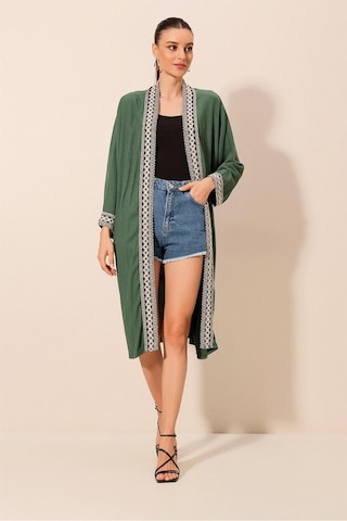 Bigdart 5865 Nakışlı Örme Uzun Kimono - Zümrüt Yeşili 001