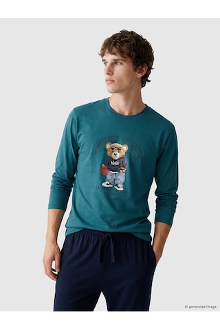 LC Waikiki Lc Waıkıkı Petrol Regular Fit Teddy Baskılı Erkek Pijama Takımı