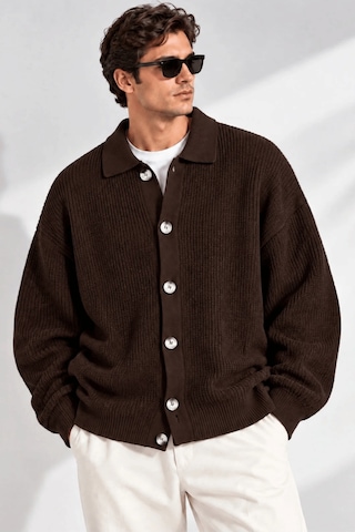 Genıus Store Erkek Hırka Oversize Kalıp Düğmeli Polo Yaka Triko Kazak Çekme/uzama Yapmaz Erkek-hırka Kahverengi