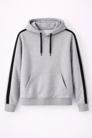 Butik İstanbul Erkek Şeritli Kapüşonlu Sweatshirt Oversize 3 Iplik Pamuklu - Gri