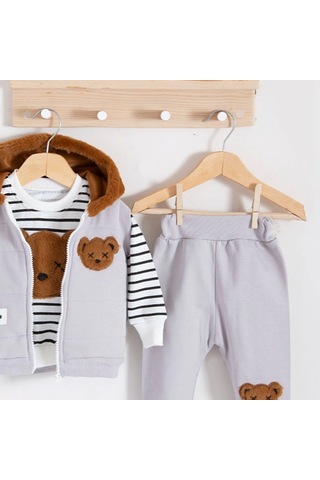 3-18 Ay Erkek Bebek Takımı Peluş Ayıcık Kapişon 3'lü Gri