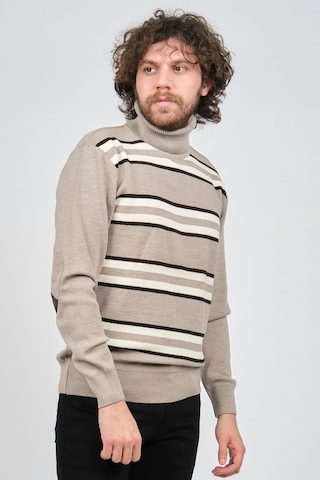 Mısırlı Erkek Tam Balıkçı Çizgili Yün Kazak 3869077 Bej Bej