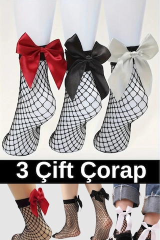Heleni Kadın File Desenli 3 Çift Fiyonklu Soket Çorap Beyaz - Kırmızı - Siyah
