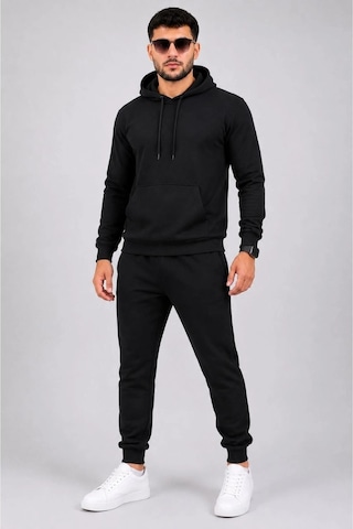 Abluka Online Erkek İki İplik Kapüşonlu Kanguru Cepli Sweatshirt Jogger Pantolon Alt Üst Eşofman Takımı -siyah