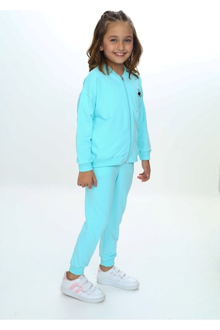 Toontoy Kids Toontoy Kız Çocuk 2'li Takım Baskılı Bisiklet Yaka Kolu Fırfırlı Sweatshirt & Beli Paçası Lastikli Cepli Jogger Eşofman Altı - 2 İplik Su Yeşili