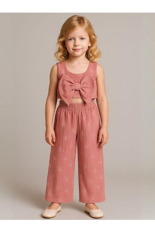 Kız Çocuk Müslin Crop Pantolonlu Takım-16077 Gül Kurusu