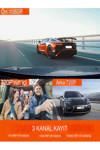 Wi-fi App Destekli 1080p 3 Kameralı Araç İçi Araba Kamerası Gece Görüşü & 140 Geniş Açı Dvr
