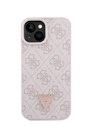 Apple Uyumlu iPhone 15 Kılıf Guess Lisanslı Pu Deri Taşlı Metal Üçgen Logolu Çapraz Vücut Askılı 4g Desenli Pembe