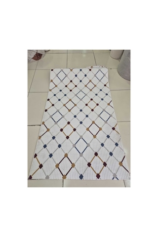 Nesrin Modern Minimalist Kafes Desenli Kaymaz Jel Taban Halı Renkli Beyaz