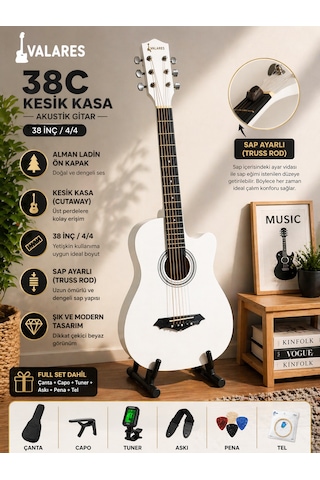 Valares 38c Kesik Kasa Beyaz Akustik Gitar 38 İnç 4/4 Yetişkin Üst Segment Çanta Capo Askı Pena