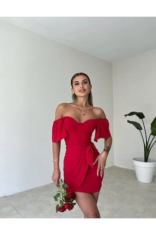 Fashion Cocktail Yaprak Kol Önden Bağlamalı Göğüs Pedli Mini Kokteyl Davet Gece Elbisesi Mercan