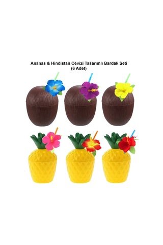 Ananas Hindistan Cevizi Tasarımlı Pipetli Bardak Seti 6 Adet Çr