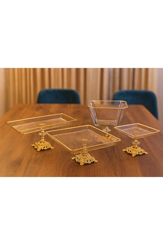Elta Collection 4 Parça Gold Pasta Sunumluk Kurabiyelik Seti Altın