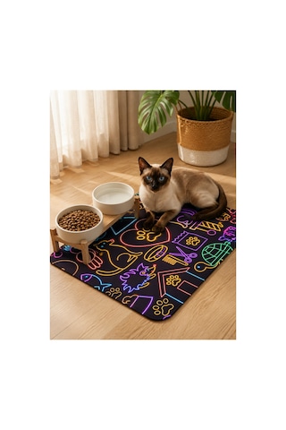 Kedi Köpek Mama Önü Paspası, Kedi Tuvalet Önü Paspası, Kedi Köpek Desenli Paspas, 50x70cm