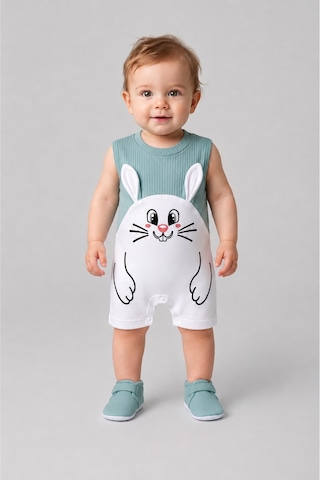 Babyden's Erkek Bebek Tavşan Desenli Yazlık Tulum Fitilli Pamuklu Kolsuz Bebek Tulumu Çıtçıtlı Romper 0-9 Ay Haki