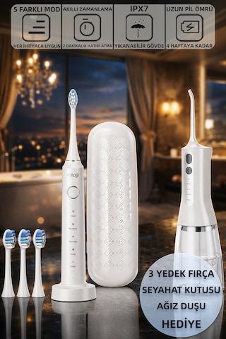 Mioji Oral B6 Care Şarj Edilebilir Diş Fırçası Beyaz + 3 Yedek Fırça Başlık + Seyahat Kutusu + Şarjlı Ağız Duşu